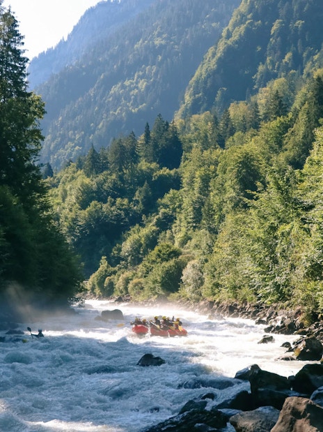 River rafting on a rapid in Interlaken surrounded by lush green forest and mountains.