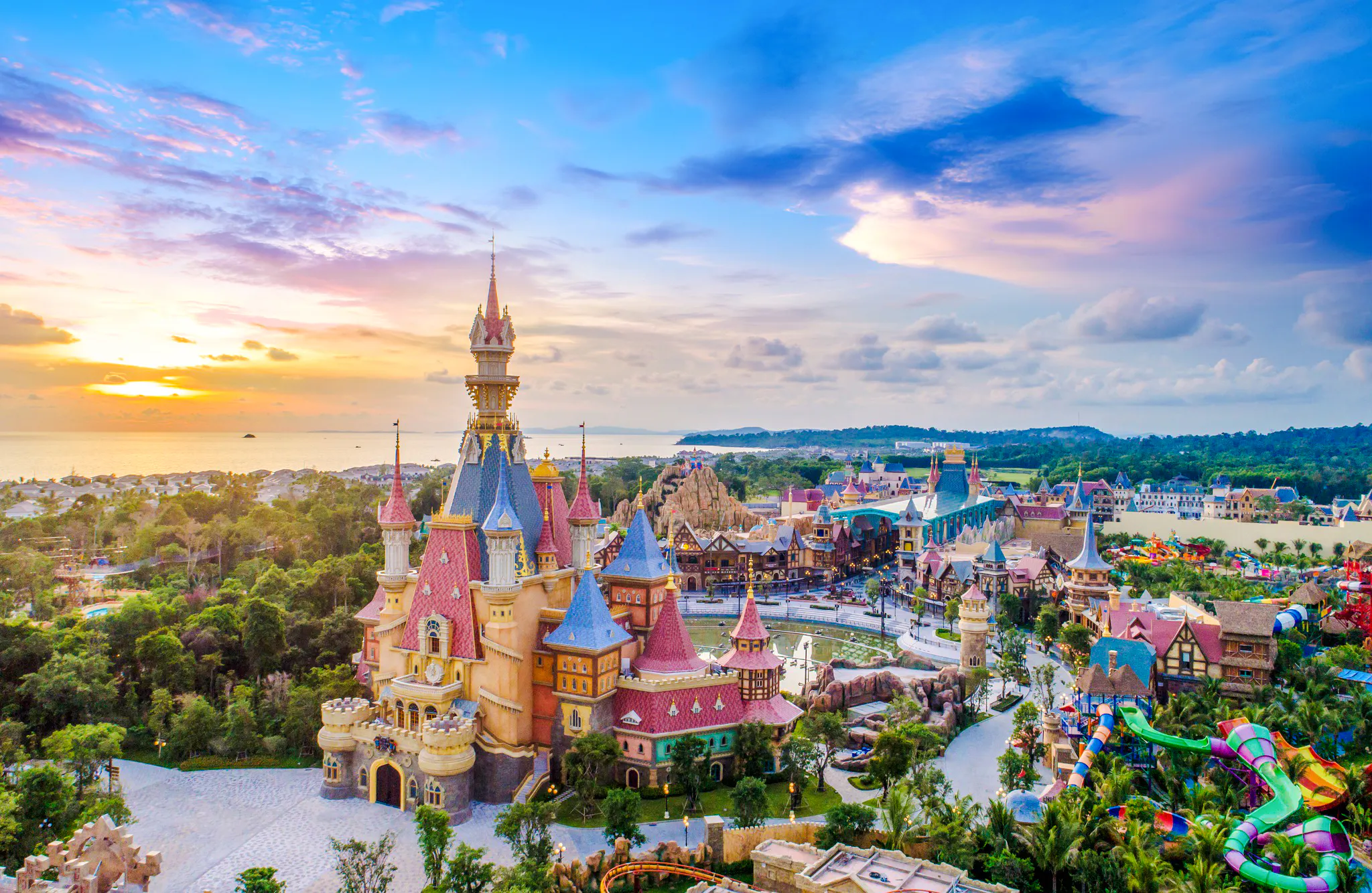 Aerial view of VinWonders theme park with colorful castle and attractions, Phu Quoc.
