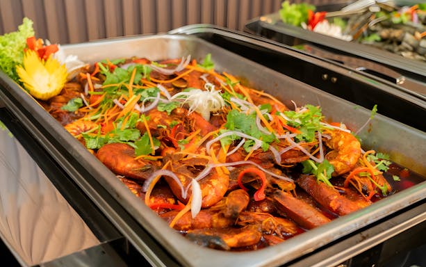 Seafood dish with prawns and vegetables at KL Tower Ramadan buffet.