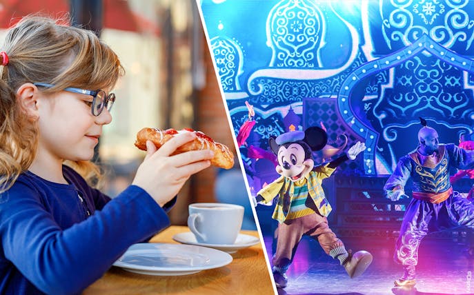 Mickey Mouse performing on stage at Disneyland Paris with a child enjoying a pastry nearby.