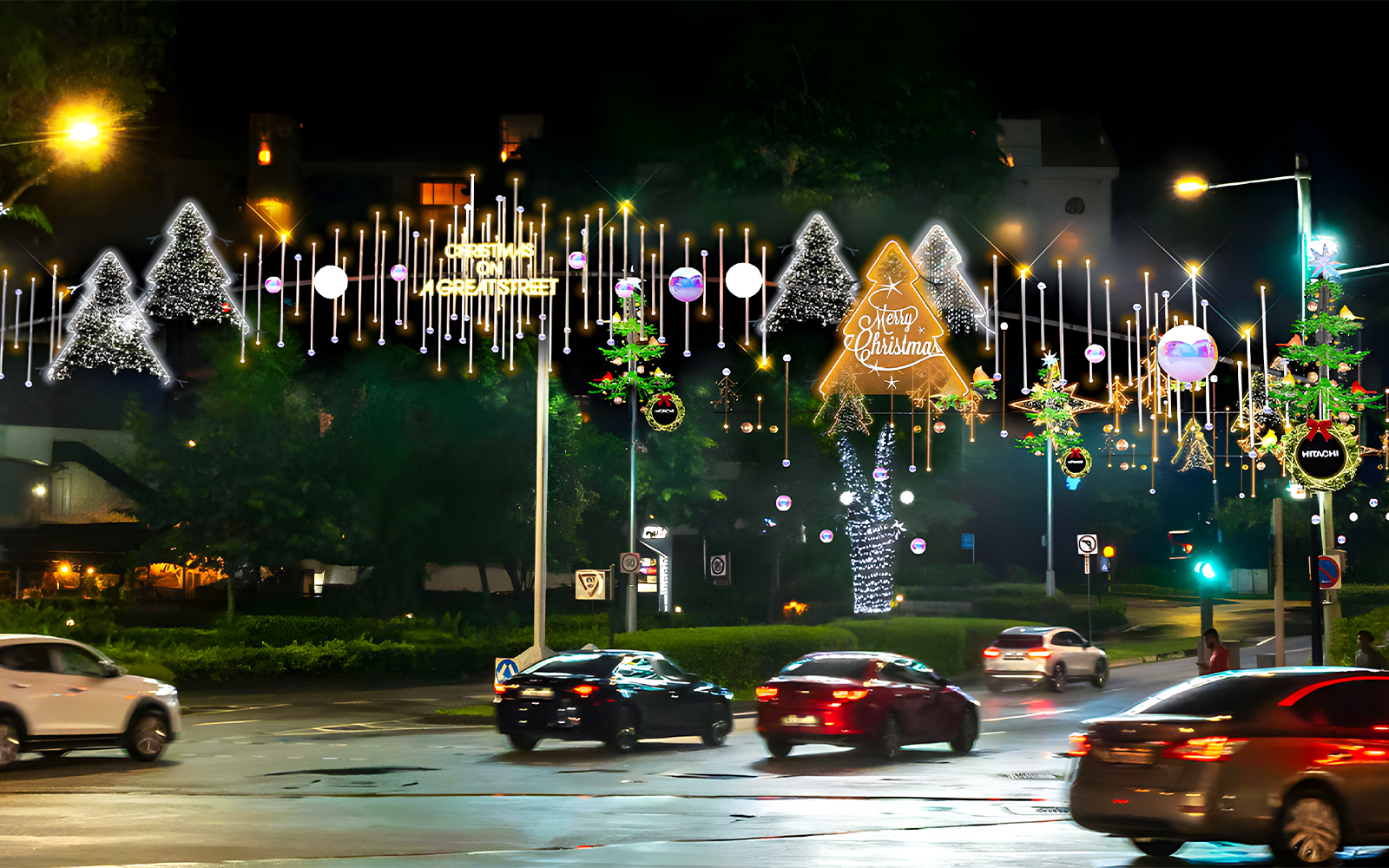 Christmas lights and decorations on Orchard Road during Big Bus Singapore Christmas Light Up Tour.