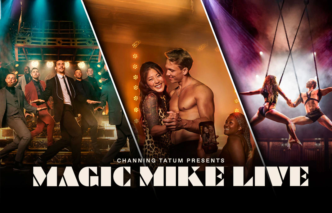 Performers on stage at Magic Mike Live show with acrobatics and dance routines.