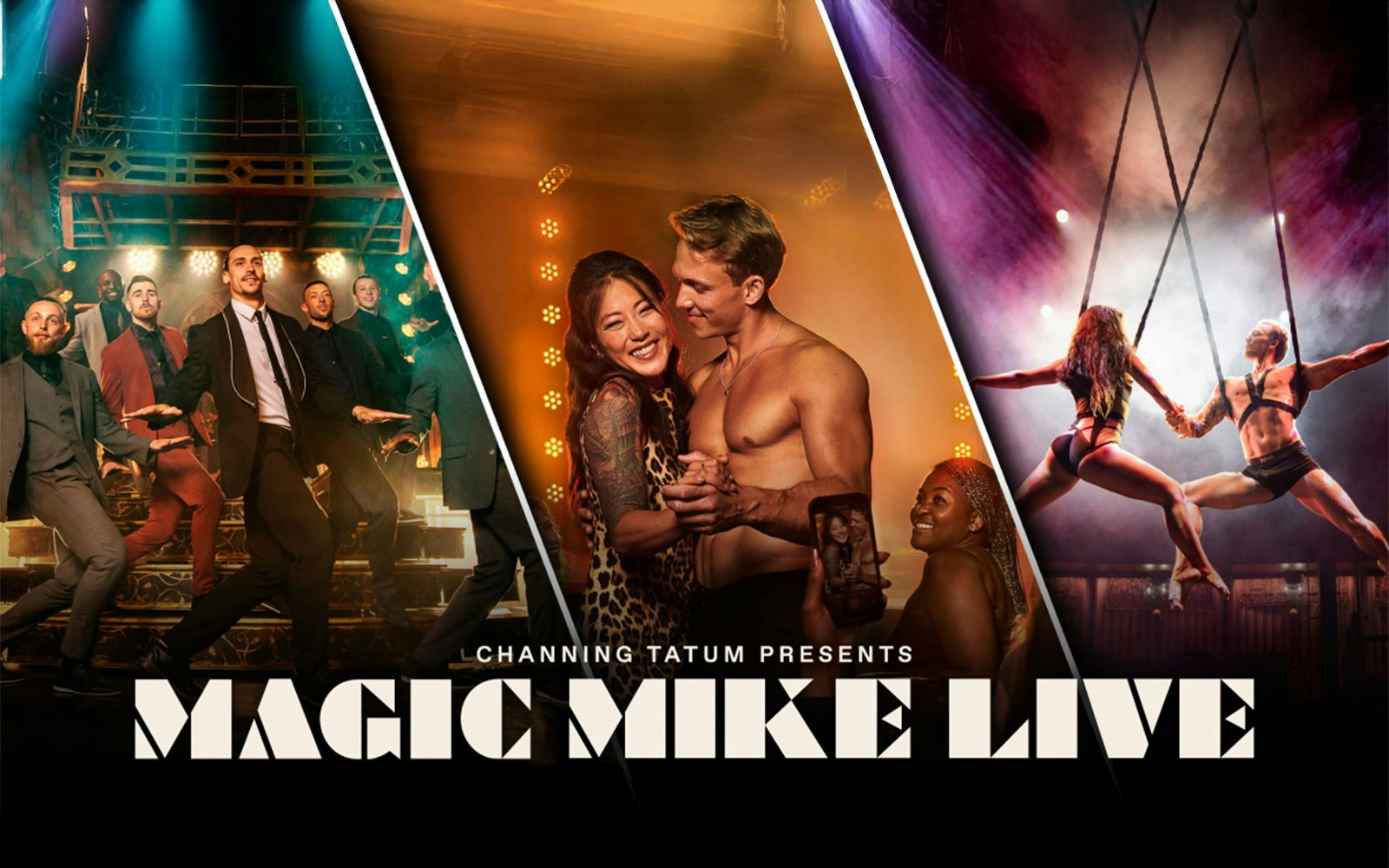 Performers on stage at Magic Mike Live show with acrobatics and dance routines.