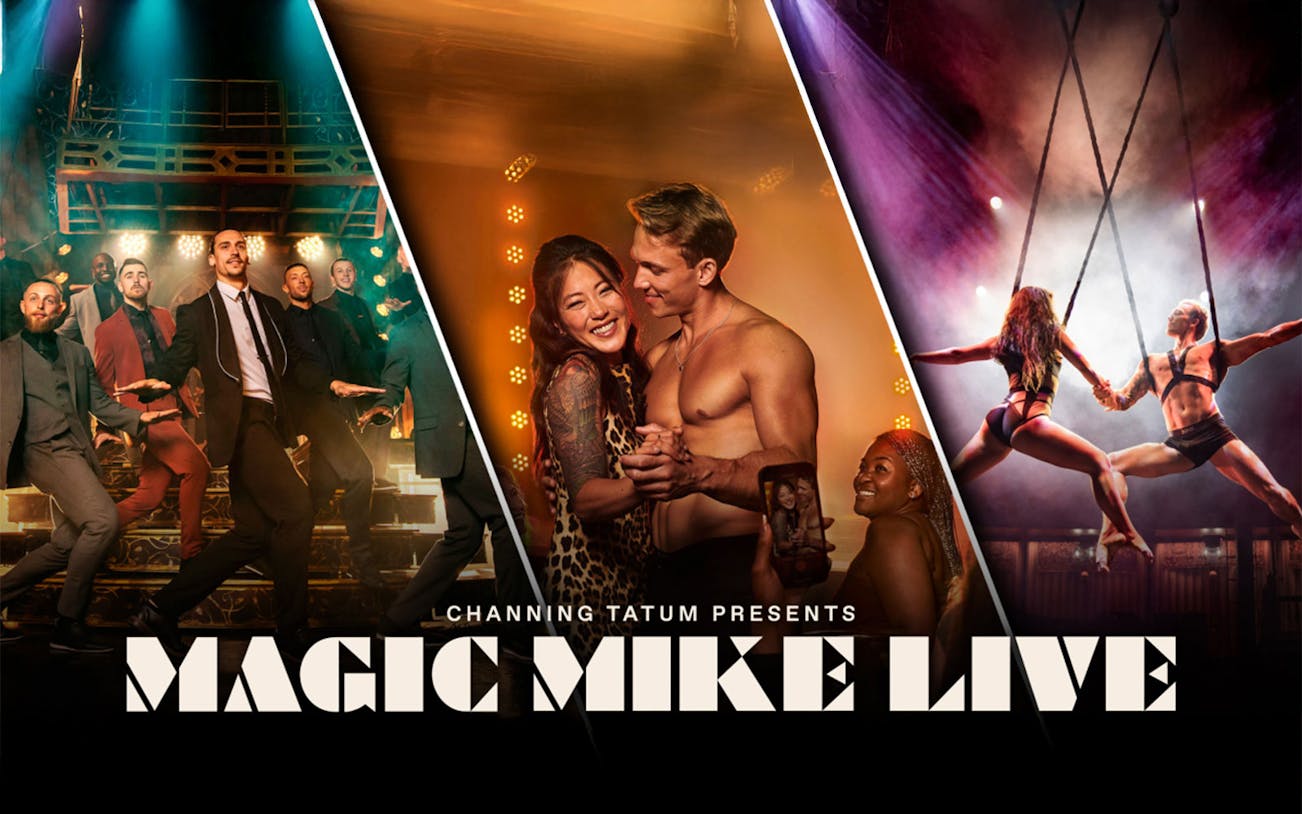 Performers on stage at Magic Mike Live show with acrobatics and dance routines.