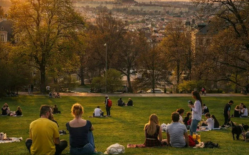 People relaxing in a Prague park during sunset, part of the Czech it Out Prague Pub Crawl tour.
