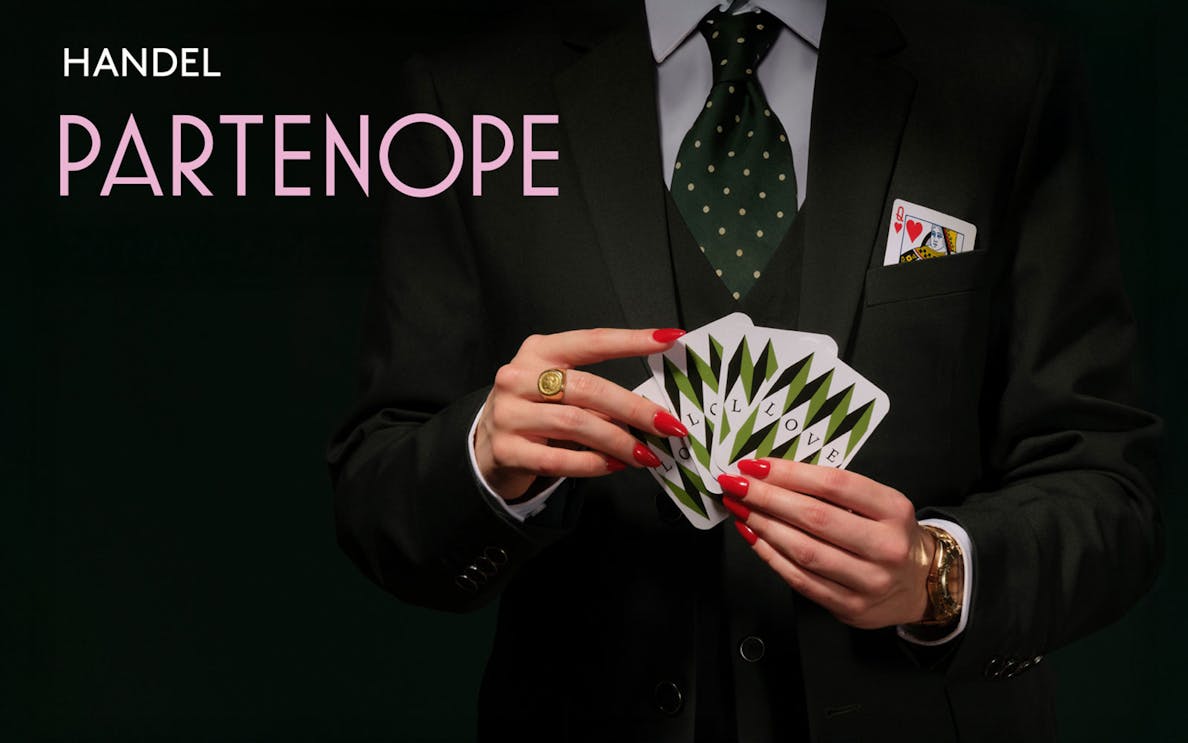 Person in suit holding playing cards with "Partenope" text.