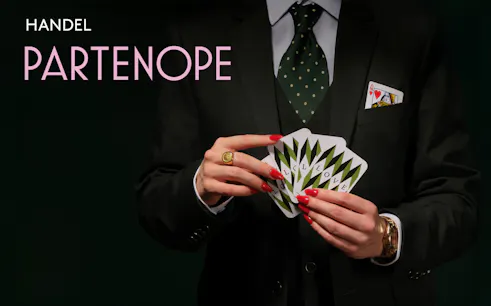 Person in suit holding playing cards with "Partenope" text.