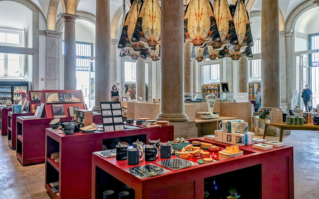 Interior of Codfish History Interpretation Centre with displays of codfish products and historical exhibits.
