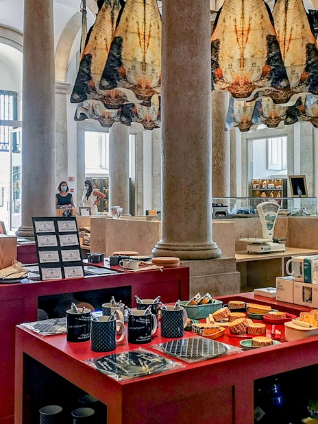 Interior of Codfish History Interpretation Centre with displays of codfish products and historical exhibits.