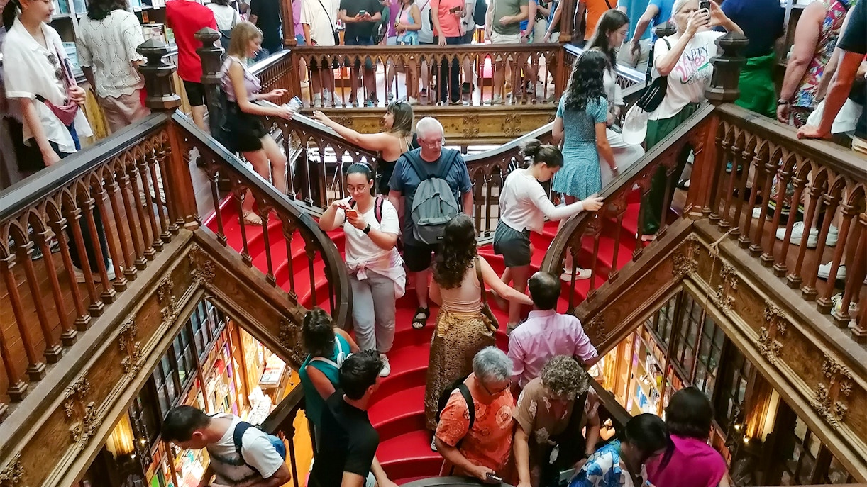 Livraria Lello in Porto, Portugal, showcasing its iconic neo-gothic architecture.