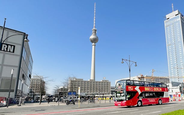 Hop-on hop-off bus near Berlin TV Tower on Stromma tour.