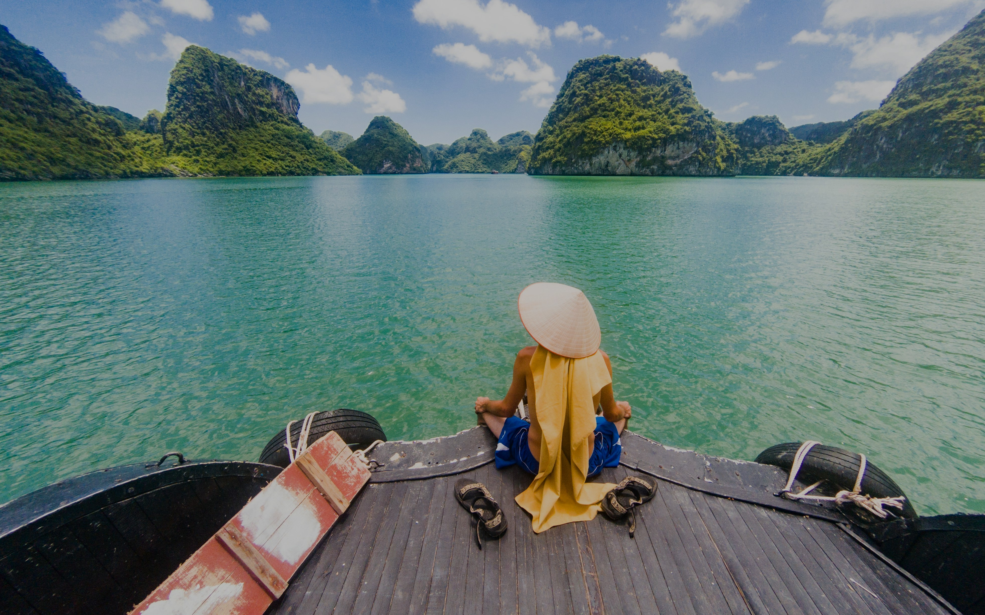 Man in Vietnamese hat on boat admiring Ha Long Bay limestone formations, Vietnam.