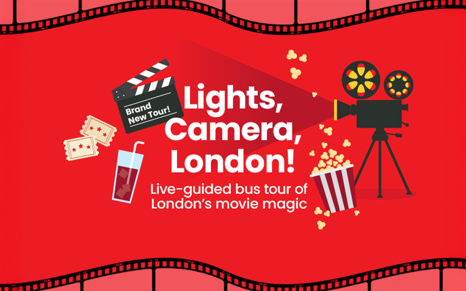 Live guided bus tour of London's movie magic with film camera and popcorn.