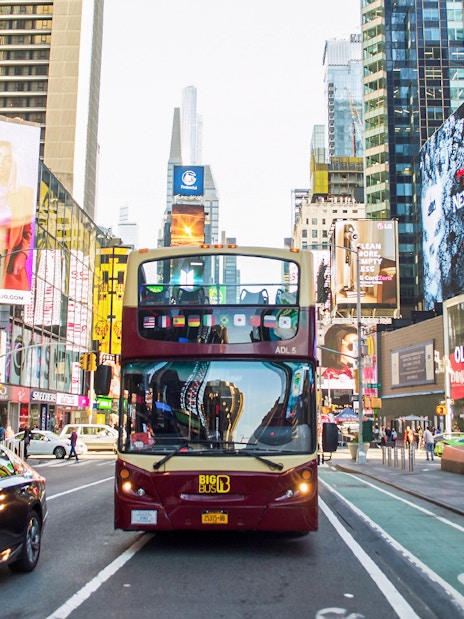 Big Bus tour in New York City driving through Times Square.