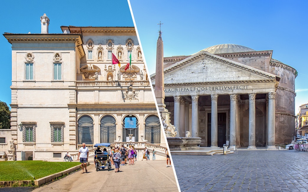 Borghese Gallery facade and Pantheon entrance in Rome, Italy.