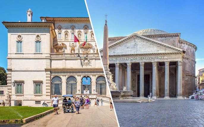 Borghese Gallery facade and Pantheon entrance in Rome, Italy.