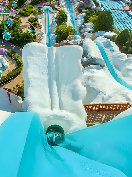 Water slides and snowy landscape at ski resort-themed water park, Walt Disney World Resort, Orlando.