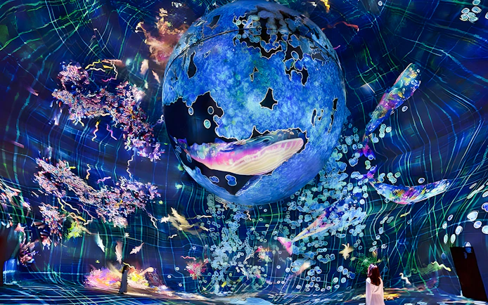 Immersive digital art installation at TeamLab Phenomena Abu Dhabi with vibrant colors and abstract forms.