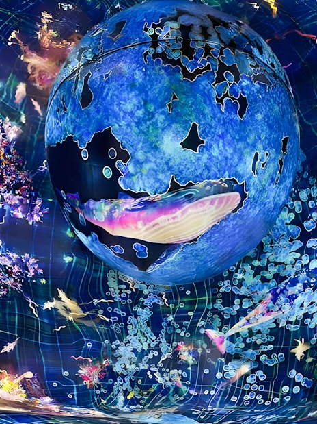 Immersive digital art installation at TeamLab Phenomena Abu Dhabi with vibrant colors and abstract forms.