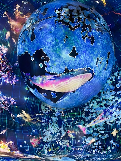 Immersive digital art installation at TeamLab Phenomena Abu Dhabi with vibrant colors and abstract forms.