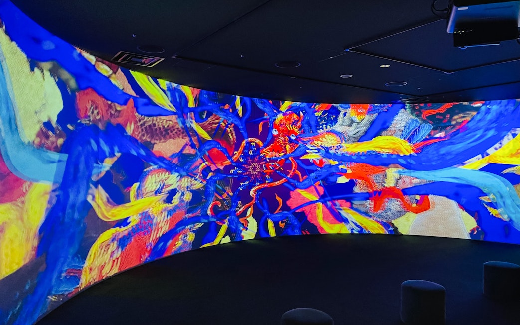 Colorful digital art display at Osaka Koji Kinutani Tenku Art Museum.