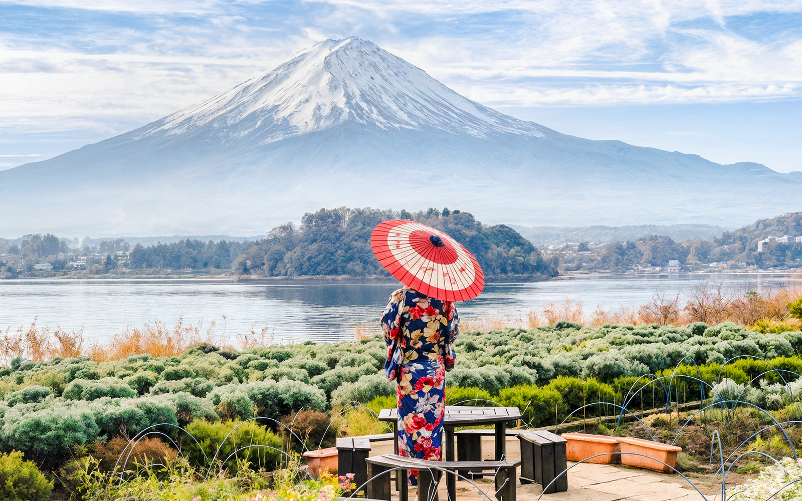Woman in kimono with umbrella viewing Mount Fuji across a lake in Japan.