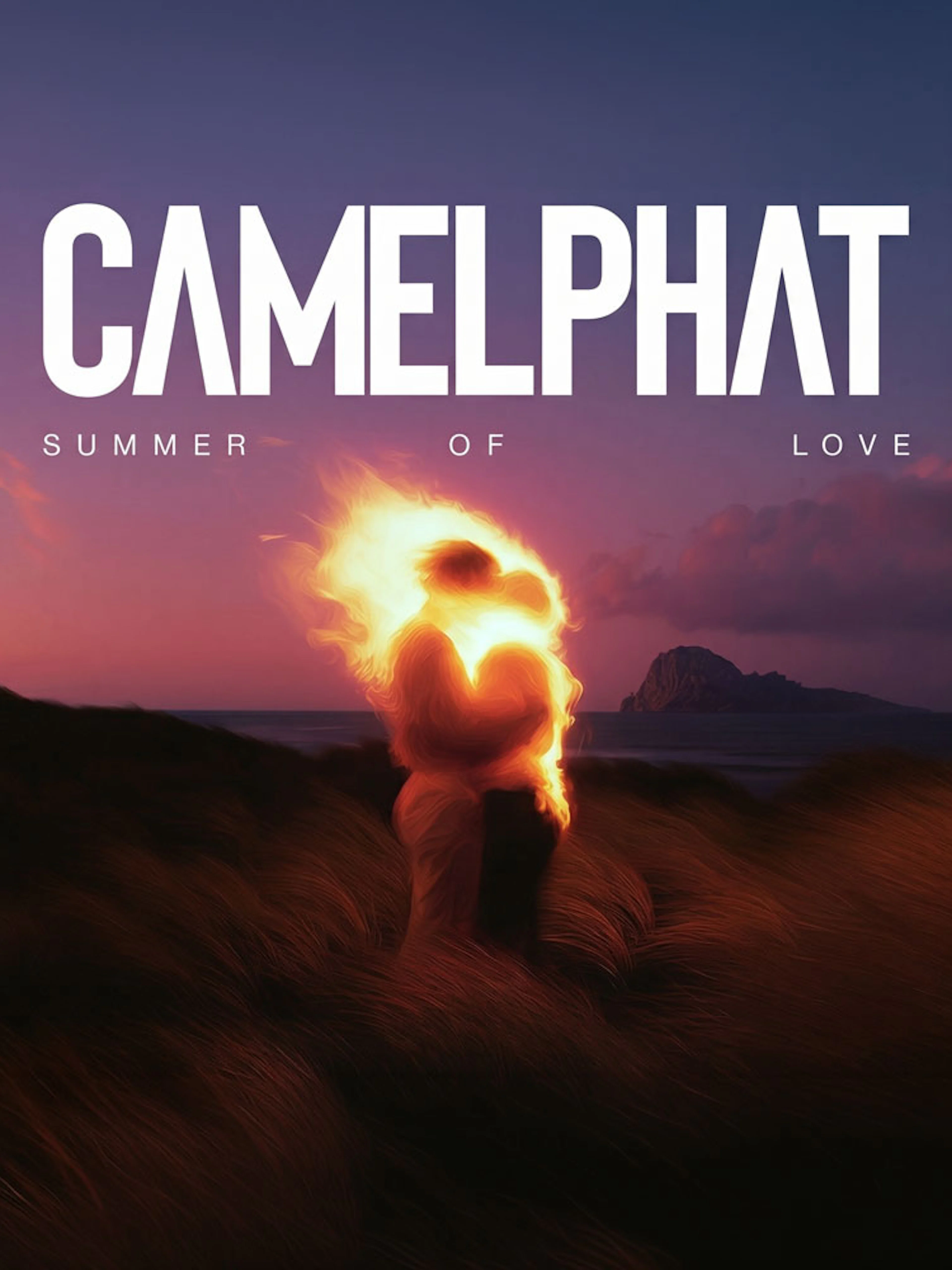 Couple embracing with fiery glow at sunset, Ibiza coastline in background, Camelphat event.