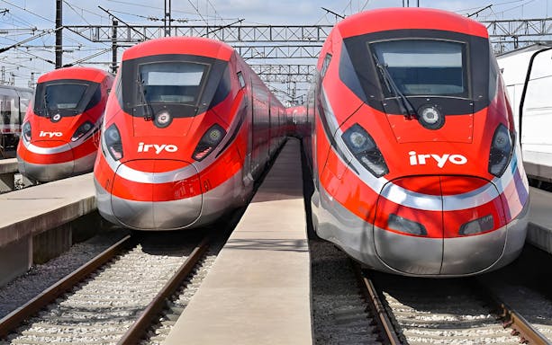 High-speed trains at a station for one-way travel between Barcelona Sants and Madrid Atocha.
