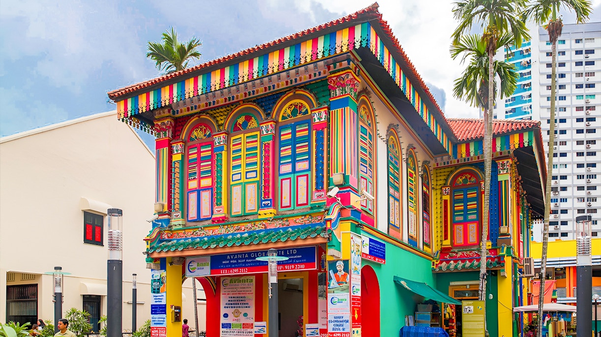 Chinatown street with colorful shophouses, Little India temple, Kampong Gelam mosque in Singapore.