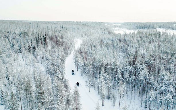 Aerial view of snowmobiles on a snowy trail through a forest in Lapland.