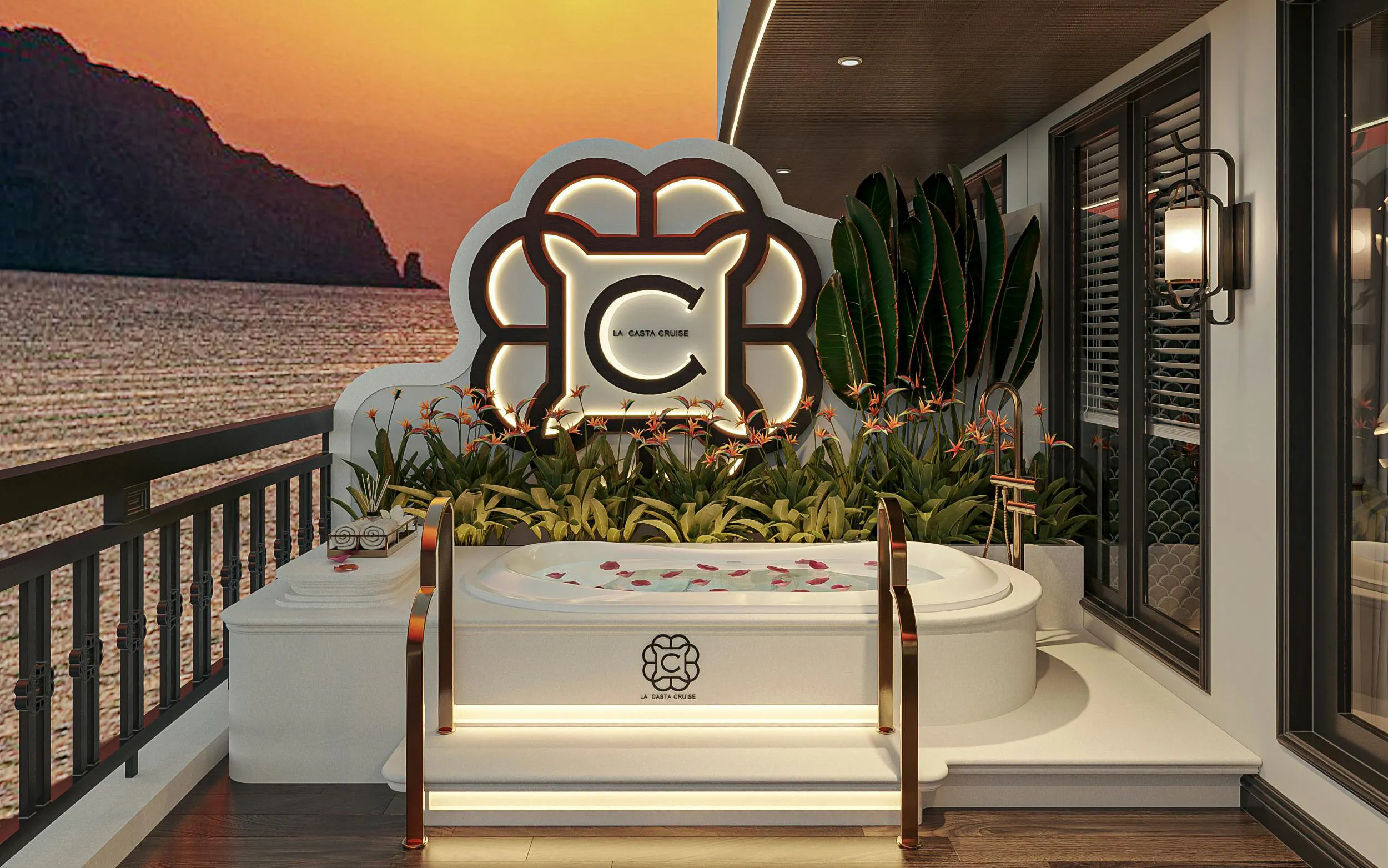 Luxury cruise deck with jacuzzi at sunset, Lan Ha Bay, La Casta Star.