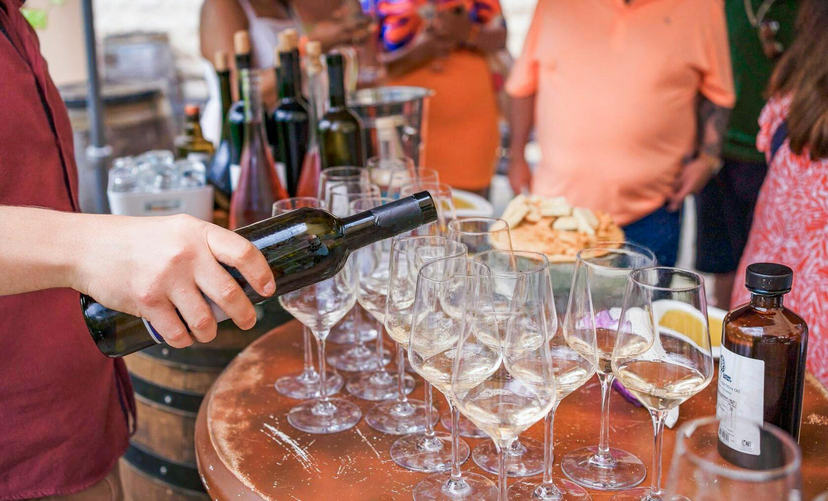 Wine tasting setup in Troodos Mountains village tour from Paphos.