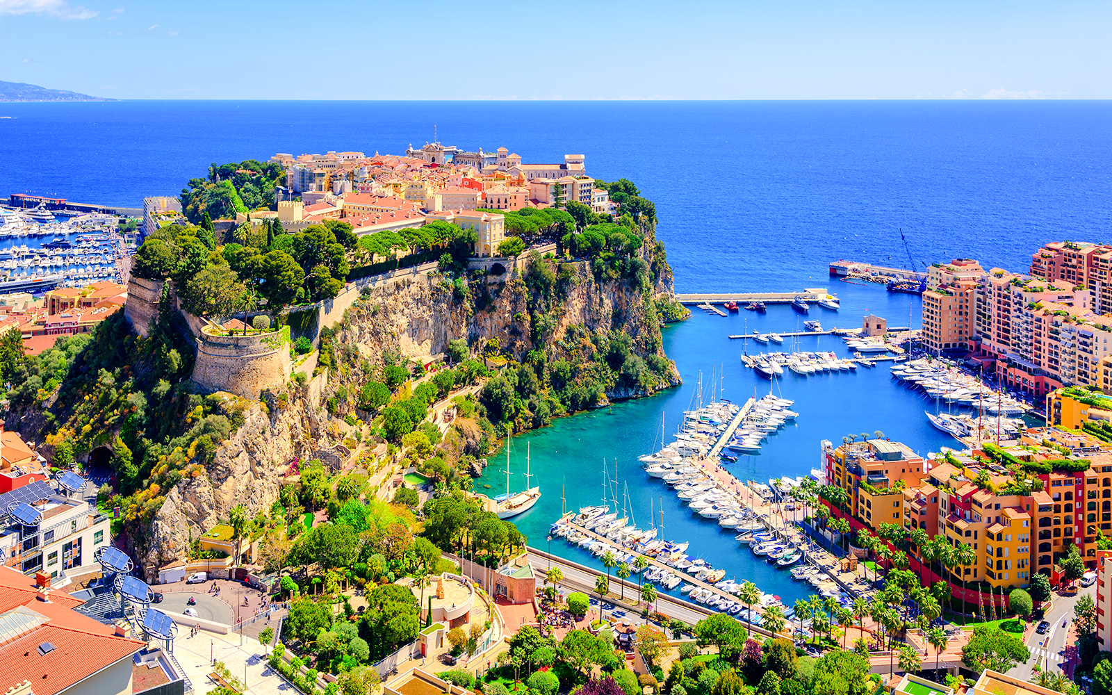 Prince Palace and marina in old town Monaco, France, overlooking the Mediterranean Sea.