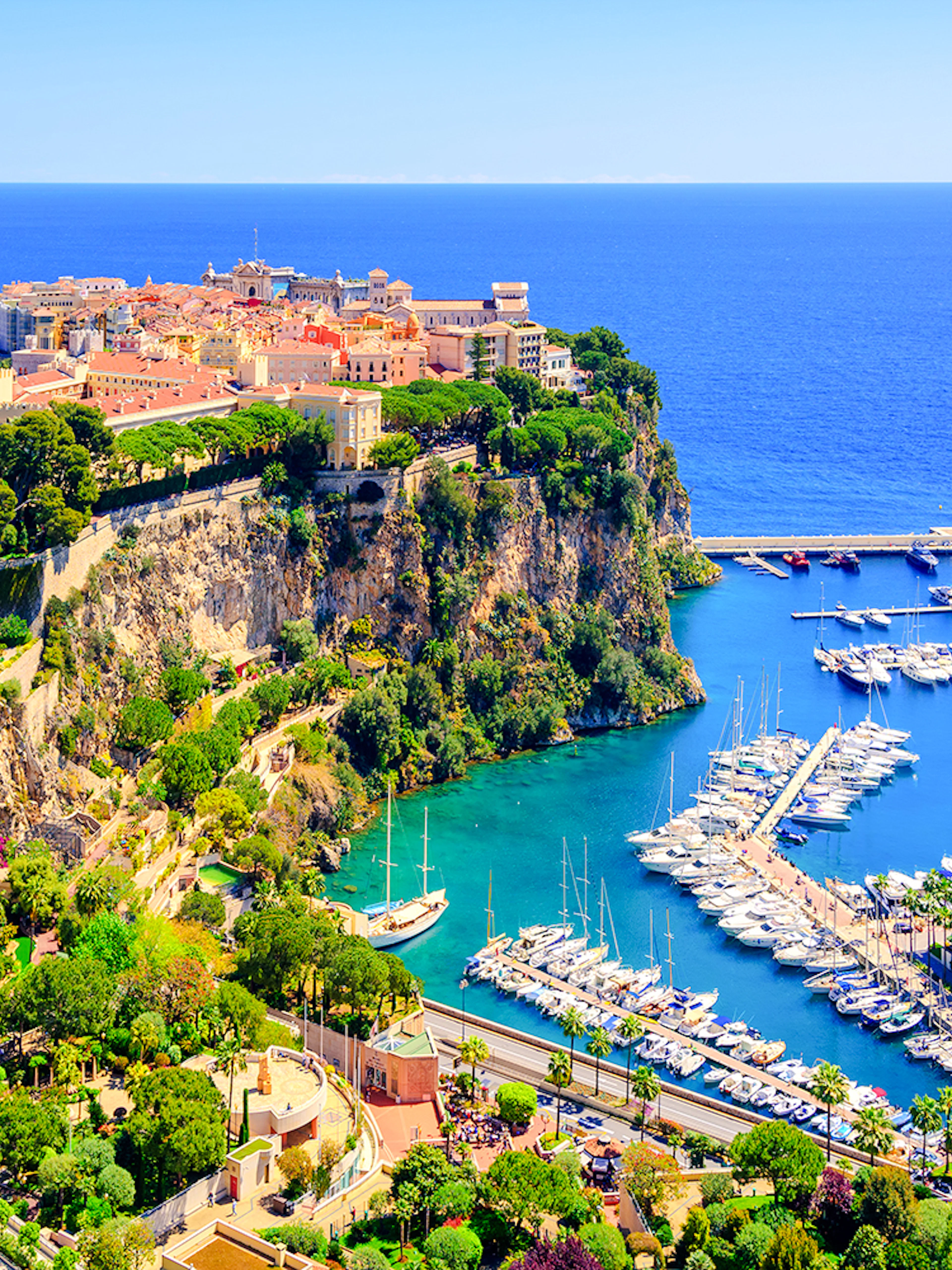 Prince Palace and marina in old town Monaco, France, overlooking the Mediterranean Sea.