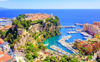 Prince Palace and marina in old town Monaco, France, overlooking the Mediterranean Sea.