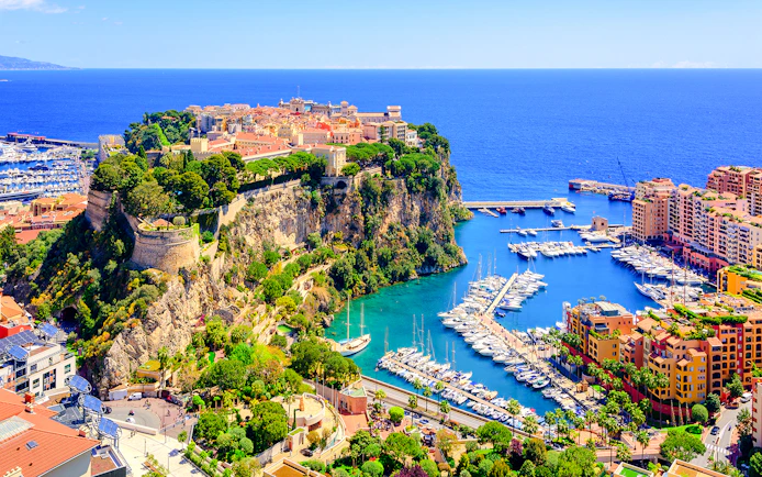 Prince Palace and marina in old town Monaco, France, overlooking the Mediterranean Sea.
