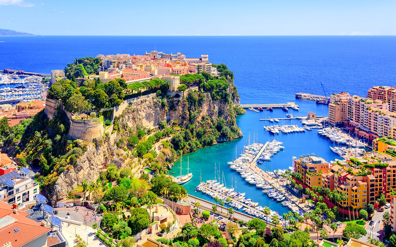Prince Palace and marina in old town Monaco, France, overlooking the Mediterranean Sea.