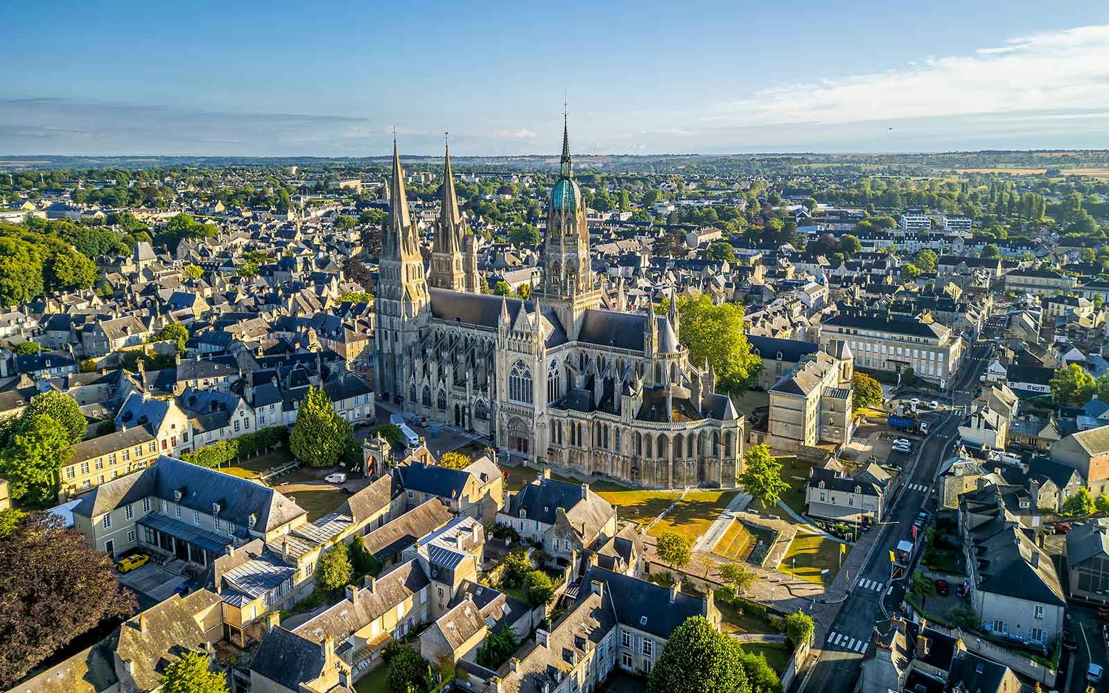 Bayeux Cathedral exterior with intricate Gothic architecture, Normandy, France.