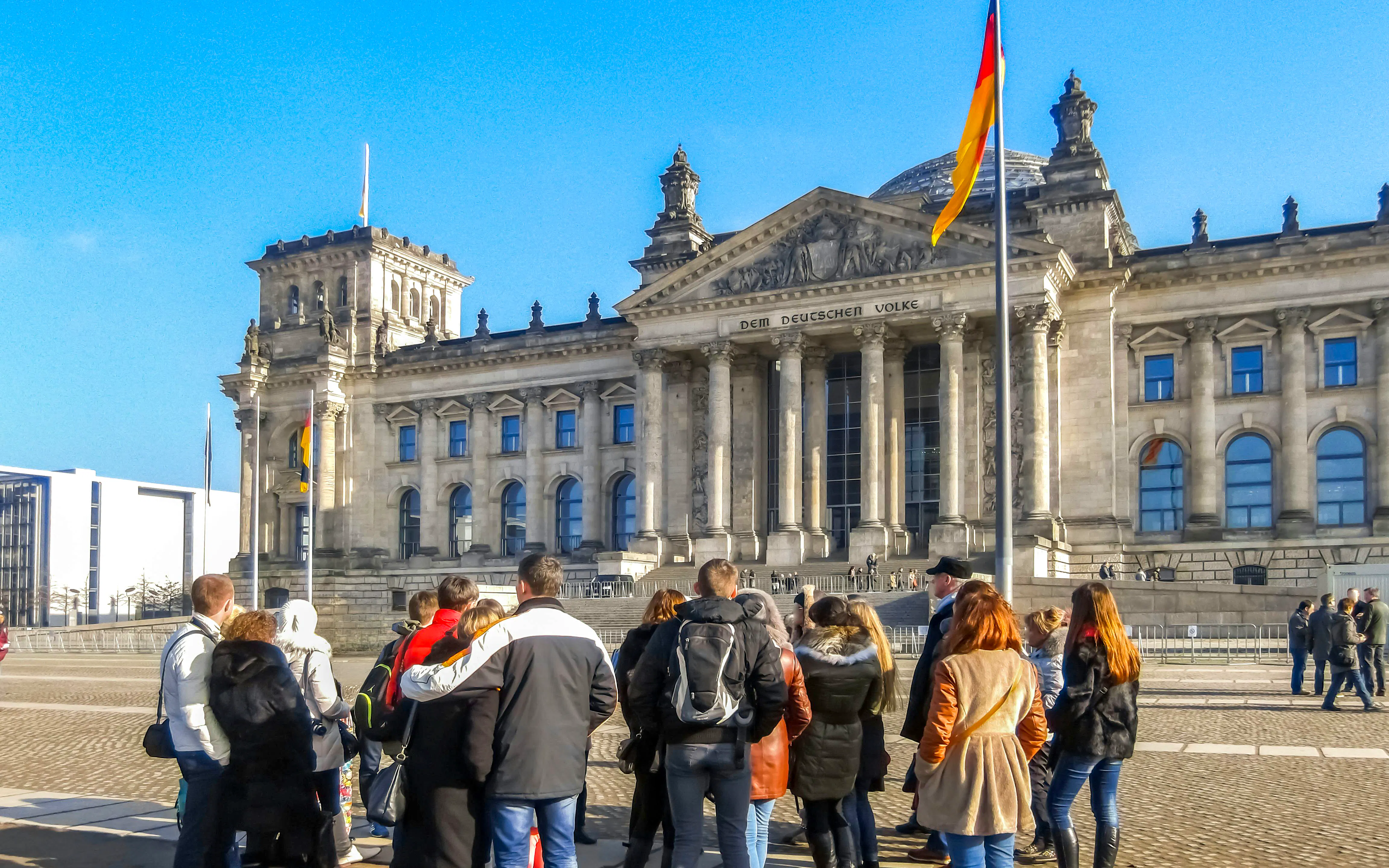 Tour group outside the Reichstag building in Berlin.