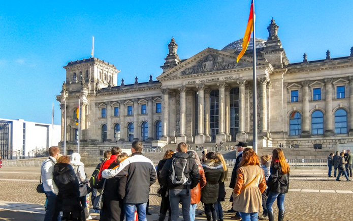 Tour group outside the Reichstag building in Berlin.