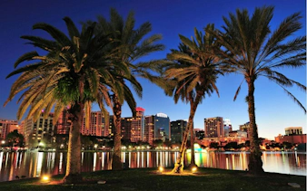 Orlando skyline at dusk with palm trees and city lights reflecting on a lake.