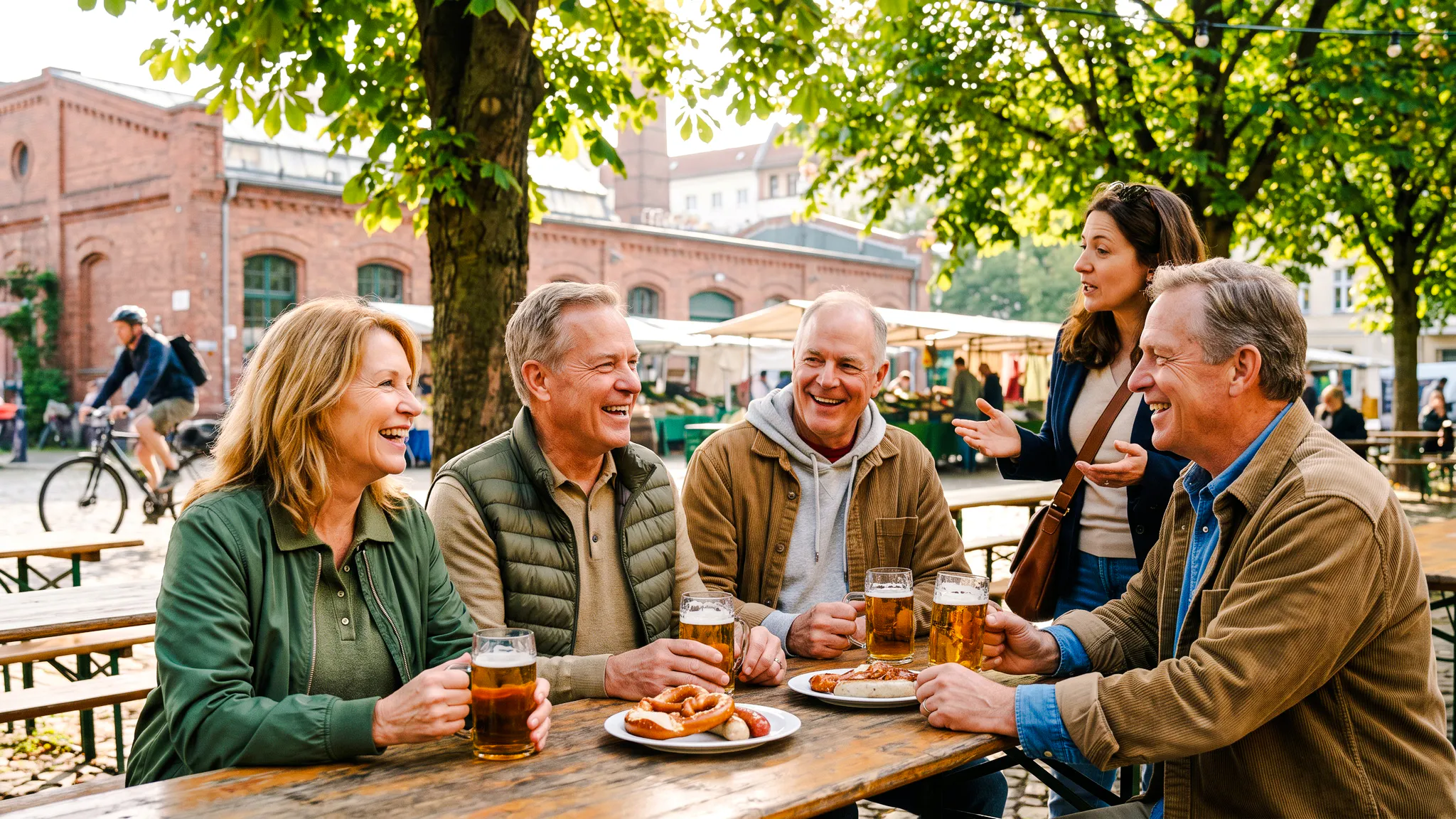 Group enjoying beer and pretzels at outdoor table during Berlin Oktoberfest walking tour.