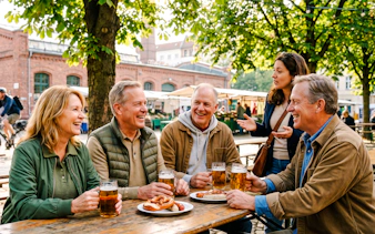 Group enjoying beer and pretzels at outdoor table during Berlin Oktoberfest walking tour.