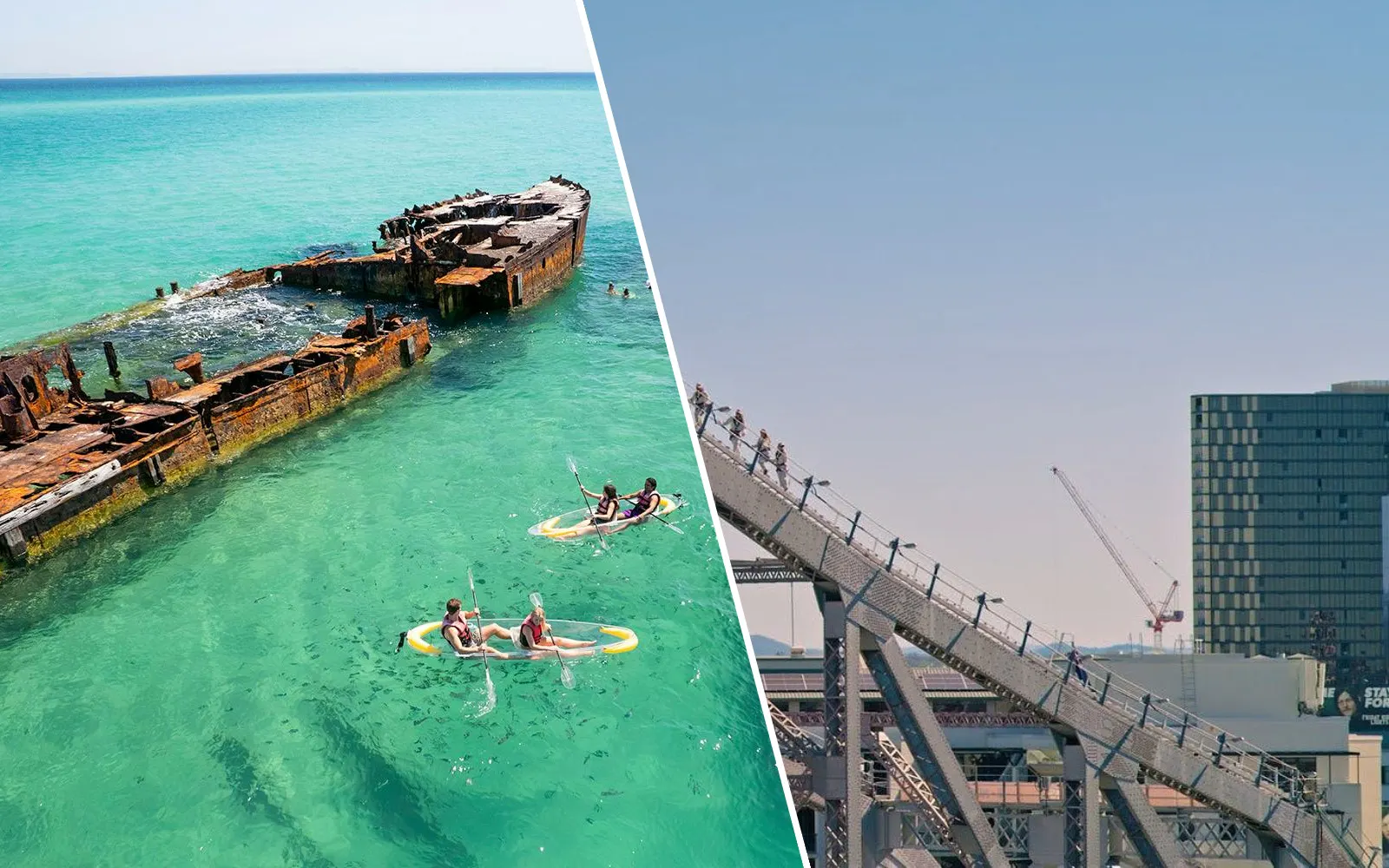 Aerial view of kayakers near shipwreck at Moreton Island and climbers on Story Bridge, Brisbane.