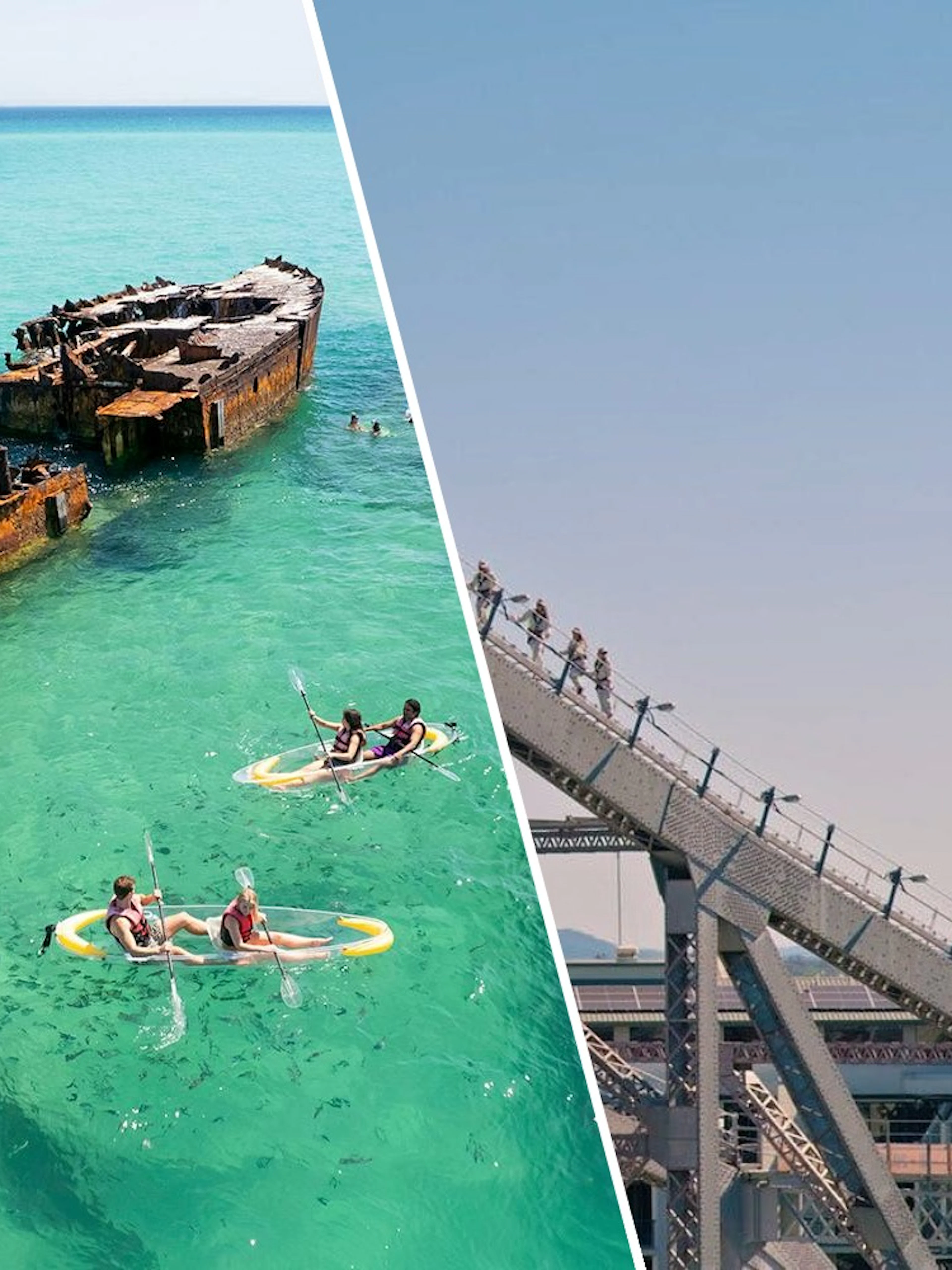 Aerial view of kayakers near shipwreck at Moreton Island and climbers on Story Bridge, Brisbane.