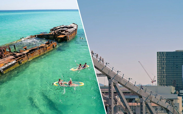 Aerial view of kayakers near shipwreck at Moreton Island and climbers on Story Bridge, Brisbane.