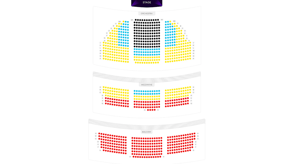 James Earl Jones Theatre seating map showing orchestra, mezzanine, and balcony sections.