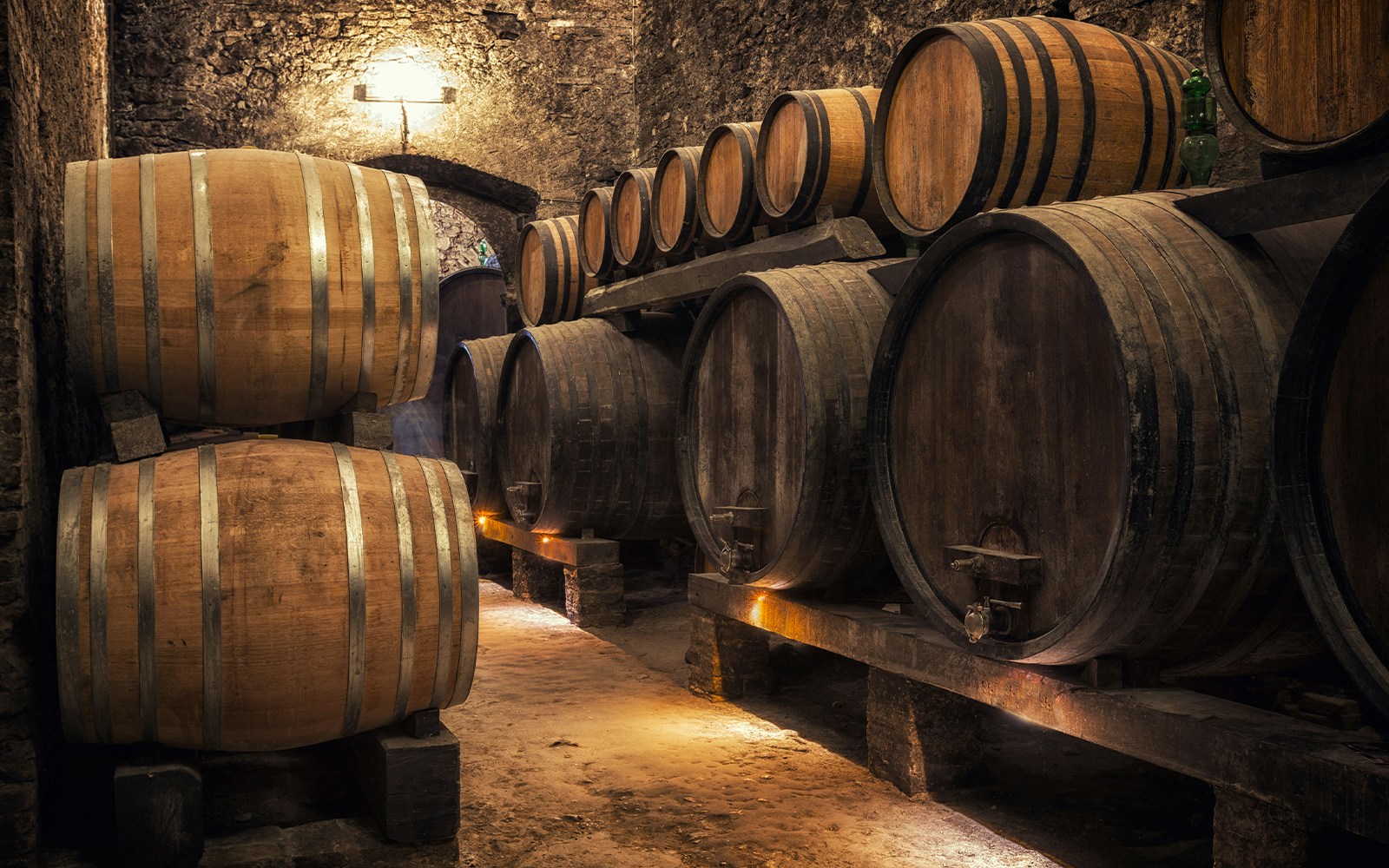 Wooden barrels storing wine in a dimly lit wine vault.