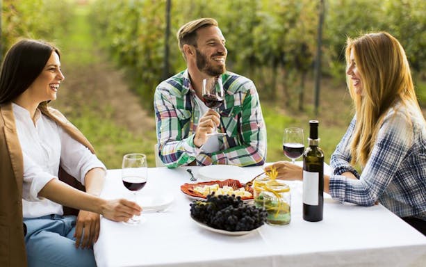 People enjoying wine at a vineyard table during a blending workshop.