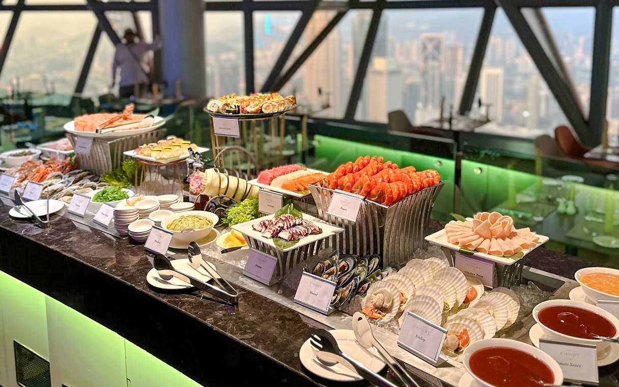 Lunch buffet with seafood and sushi at ORBIT Revolving Dining, KL Tower, Kuala Lumpur.